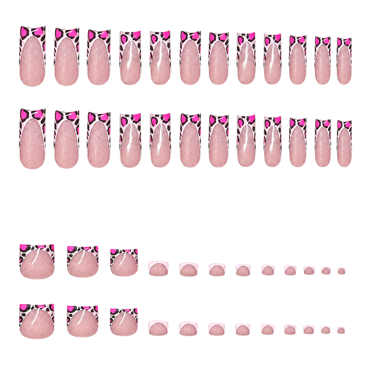 Snazzi Pink Shop Wild Orchid matching nail and toe set with hot-pink leopard French tips and sheer nude shimmer base.