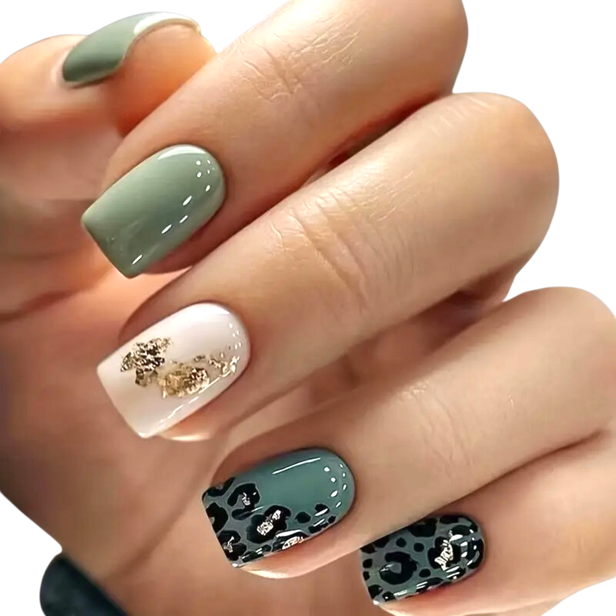Snazzi Pink Shop Wild Sage short squoval press-on nails with sage green, leopard print, and gold foil accents.