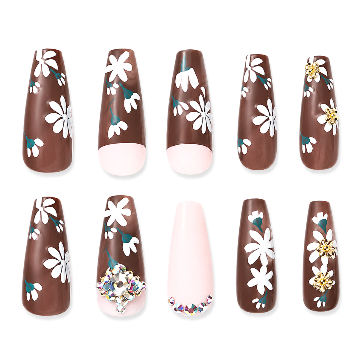 Snazzi Pink Shop extra long coffin press-on nails with chocolate woodgrain, white daisies, teal accents, and crystals.