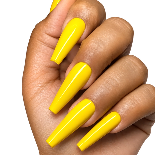 Snazzi Pink Shop Lemon Drop extra-long coffin press-on nails in a vibrant glossy sunshine yellow monochrome finish.