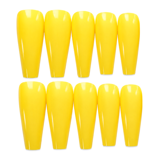 Snazzi Pink Shop Lemon Drop extra-long coffin press-on nails in a vibrant glossy sunshine-yellow monochrome finish.